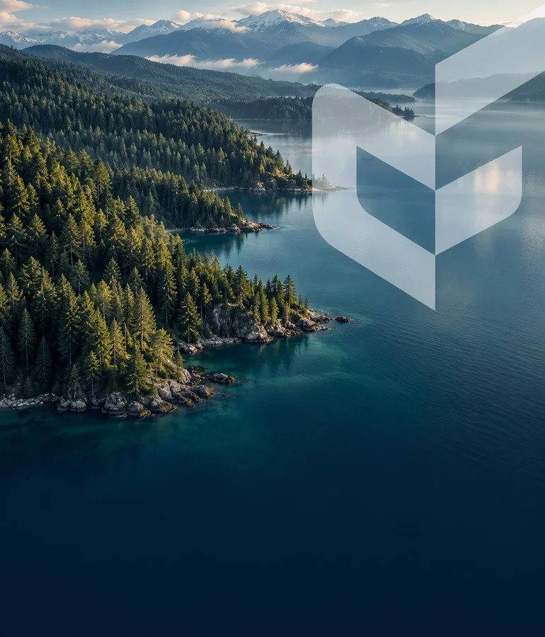 ClimeFi – forest and lake landscape with a translucent brand symbol